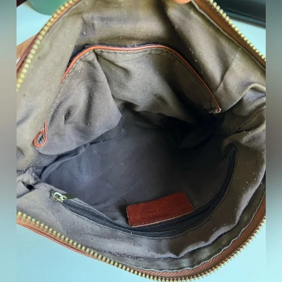 Genuine Leather Cognac Slouchy Hobo Multi Zip/Compartment Crossbody Bag - Picture 7 of 10